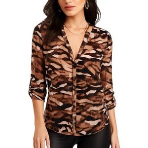 Jennifer Lopez Womens L Brown Sheer Animal Print Blouse Cut Out Back Y2K Glam